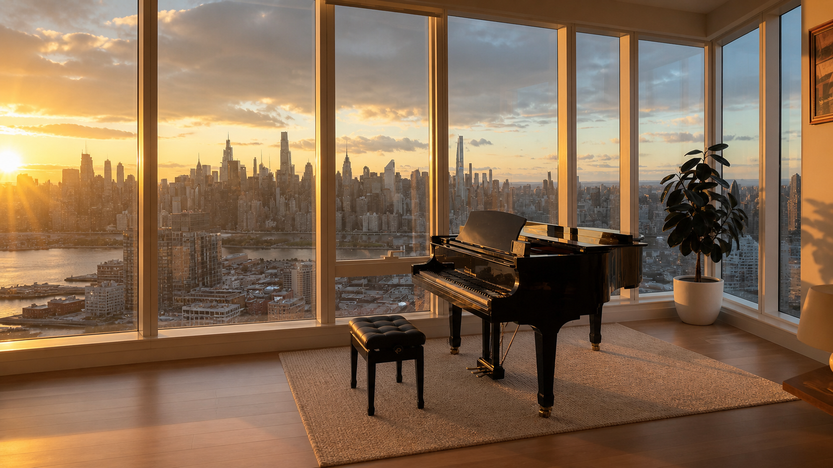 Y Music Studio 三角钢琴与 Manhattan 天际线景观